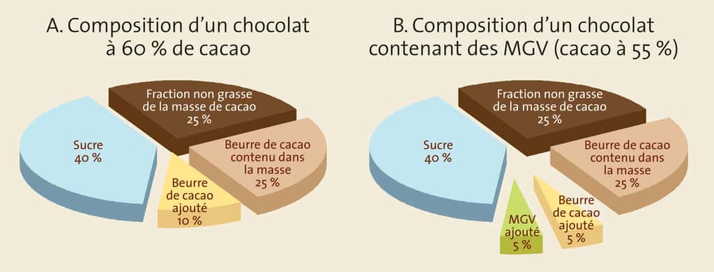 Composition d'un chocolat à 60 % de cacao et d'un chocolat contenant des MGV. © Gwendolin Butter