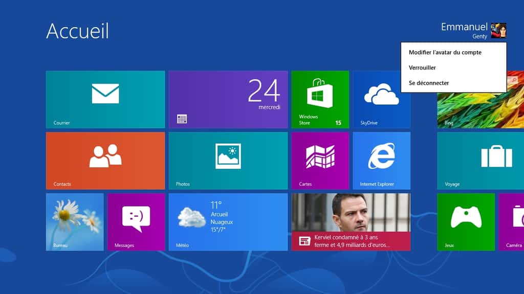 L’écran d’accueil de Windows 8 donne accès aux réglages du compte d’utilisateur. Celui-ci est désormais confondu avec un compte Windows Live. © Eureka Presse