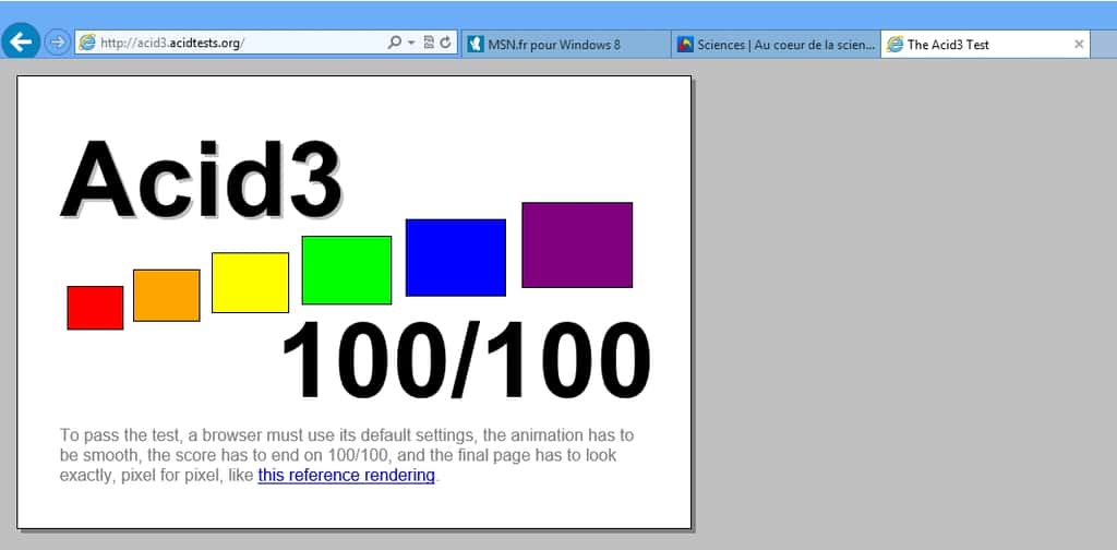 Avec un score de 100/100 au test Acid3, Internet Explorer 10 se montre respectueux des principaux standards d’affichage du Web. Dommage qu’un <em>plug-in</em> comme le lecteur Flash d’Adobe ne fonctionne qu’avec sa version Bureau. © Eureka Presse