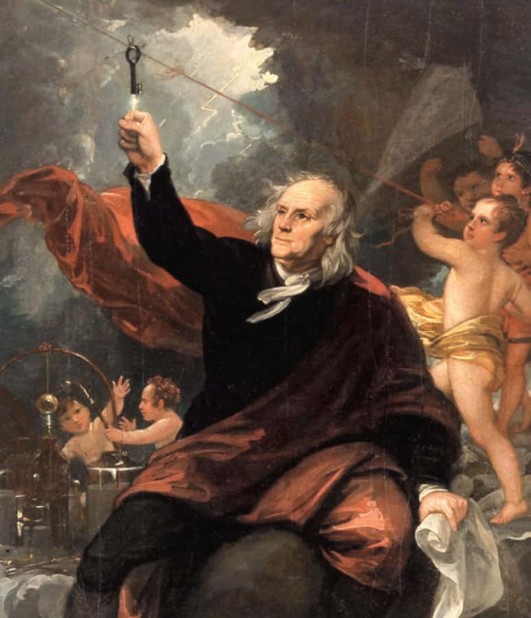 <em>Benjamin Franklin tirant l’électricité du ciel</em> (vers 1816), par le peintre anglo-américain Benjamin West (1738-1820). Le courant électrique semble passer de la clé au flacon qu’il tient à la main. © DP