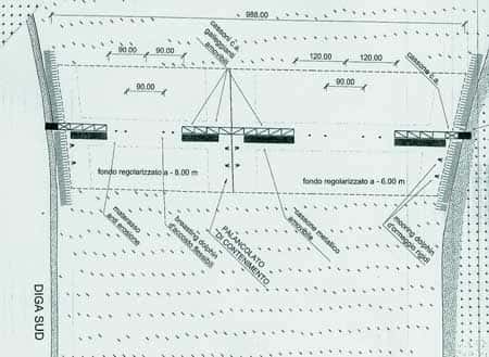 Figure 3 :  Schéma de disposition des caissons entre les deux digues de la passe du Lido, d'après le projet ARCA.