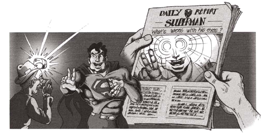 Pour avoir une bonne vision nocturne, Superman est probablement doté d'un<em> tapetum lucidum</em> qui réfléchit fortement la lumière extérieure. On comprend pourquoi Superman évite d'être photographié ! © EDP Sciences