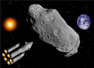 Une vue d'artiste d'un porteur de charges nucléaires pour pulvériser un astéroïde menaçant. © DR