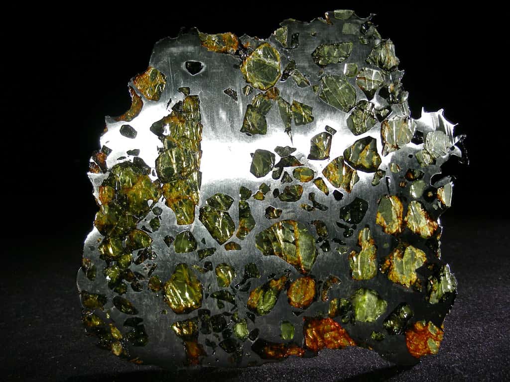 On voit ici un échantillon de la météorite d'Esquel tombée en Argentine. C'est une météorite mixte : une pallasite composée de fer, nickel et olivine. C'est la plus belle des pallasites et la plus belle des météorites esthétiquement parlant. Elle a été découverte en 1951. © L. Carion, carionmineraux.com