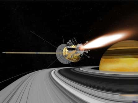 Illustration de l'nsertion de Cassini en orbite de Saturne, pour la mission Cassini-Huygens. © Nasa/JPL/Caltech