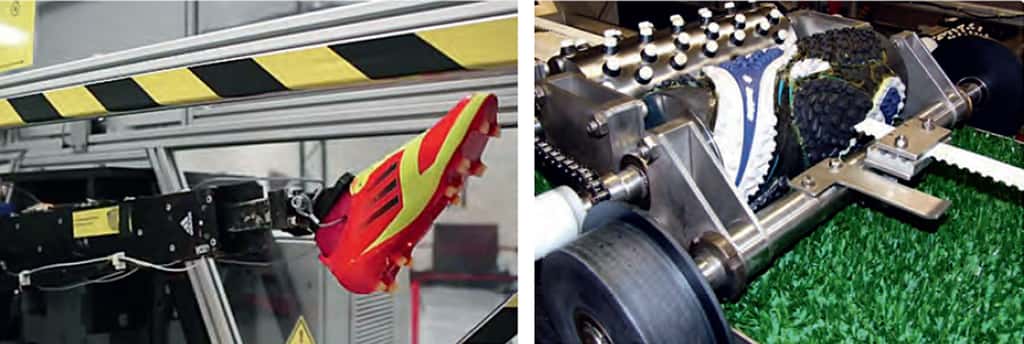 Machine pour l’étude de l’interaction chaussure-ballon (à gauche). La chaussure est montée sur une jambe mécanique. Interaction<br>chaussure-terrain (à droite). © Belin 