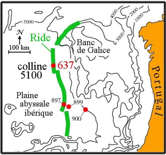 La colline 5100 de la marge de la Galice sera un lieu d’exploration privilégié, pour le <em>Noroit </em>et le <em>JOIDES Resolution</em>. © DR