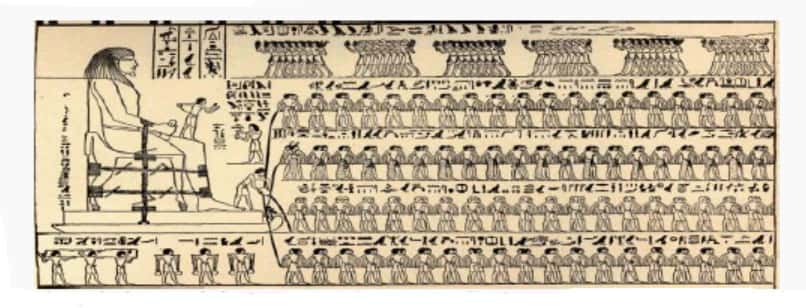 Les hiéroglyphes de la paroi du tombeau de Djehoutyhotep relatent la méthode employée pour déplacer les charges lourdes. © Dessin de Faucher-Gudin (statue colossale de Djehoutyhotep)