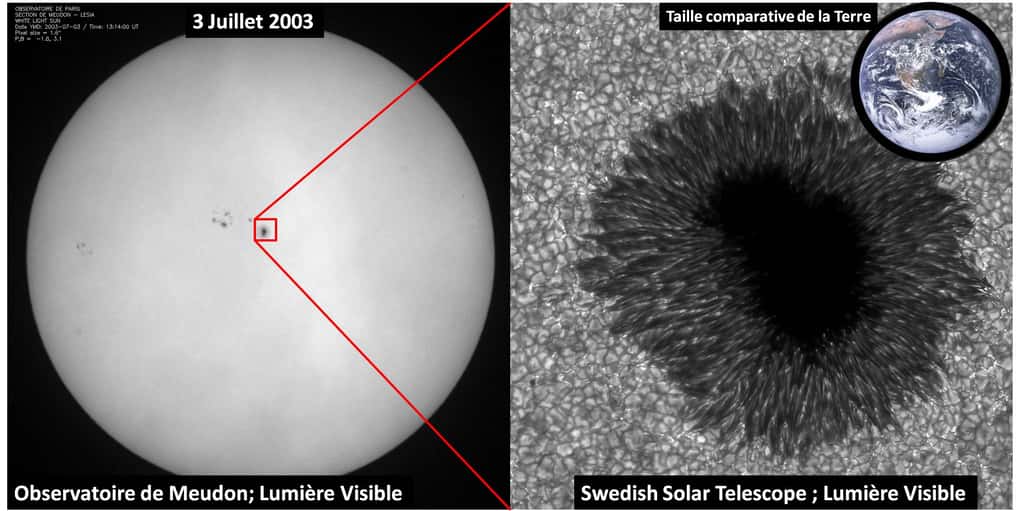 Observations d’une tache solaire à la surface du Soleil avec les télescopes de Meudon et du <em>Swedish Solar Telescope</em>, et comparaison de la taille de cette tache avec celle de la Terre. © Observatoire de Meudon, <em>Swedish Solar Telescope</em>