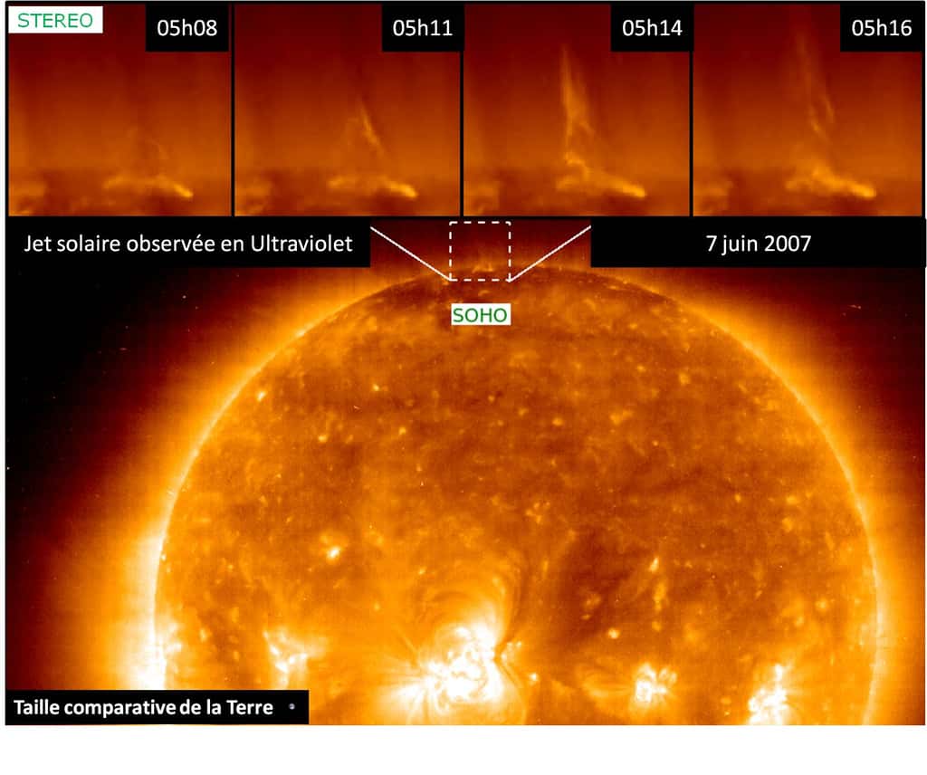 Observations par les satellites Stereo et Soho de l’évolution d’un « jet » au niveau d’un pôle solaire. © Soho, Stereo