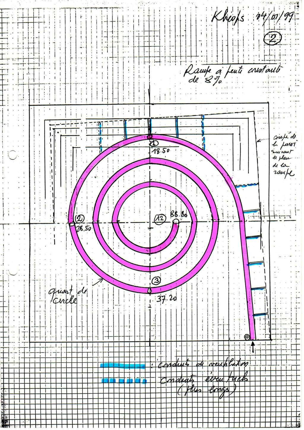 Le premier croquis montrant l’idée d’une rampe intérieure en spirale fut dessiné par Henri Houdin. © Jean-Pierre Houdin