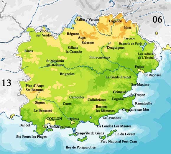 Carte géographique du Var. Ce département entre terre et mer abrite des massifs remarquables et un littoral d’exception riche de plusieurs îles. © DR