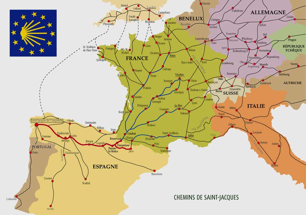 Carte montrant les chemins contemporains en Europe pour se rendre à Saint-Jacques-de-Compostelle. © Kimdine69, Wikimedia Commons, GNU 1.2