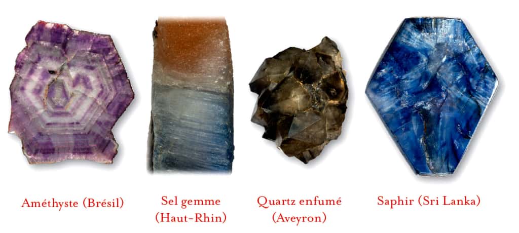 Outre les degrés d’oxydoréduction, la radioactivité naturelle peut colorer des minéraux (de gauche à droite : améthyste, sel gemme ou halite, quartz enfumé), comme l’interaction entre ions (saphir, à droite). © Dunod, DR