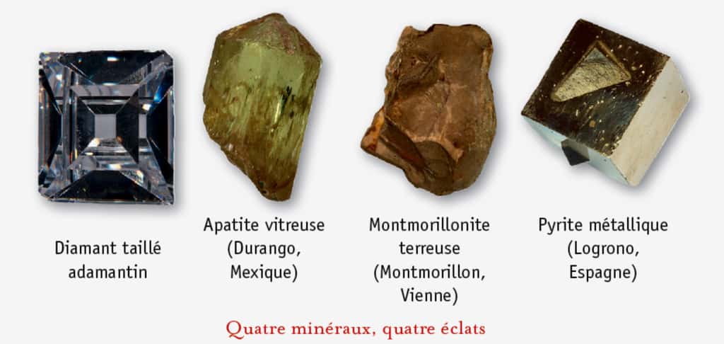 Comparaison entre des minéraux transparents ou translucides (diamant, apatite) et des minéraux opaques (montmorillonite, pyrite). © Dunod, DR