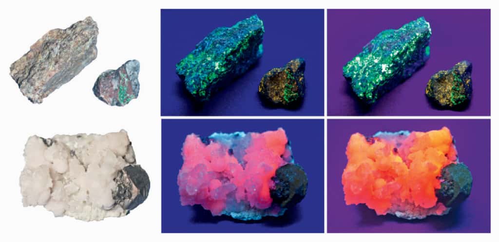 Les minéraux phosphorescents présentent des couleurs inattendues quand ils ne sont pas exposés à la lumière. © Dunod, DR