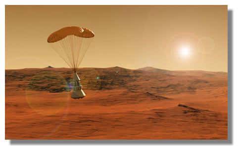 L'atmosphère de Mars, une ressource précieuse dont on va tirer profit pour : la mise en orbite, le freinage pour la descente, la descente finale (sous parachute) et la fabrication du propergol de remontée ! Crédits : NASA