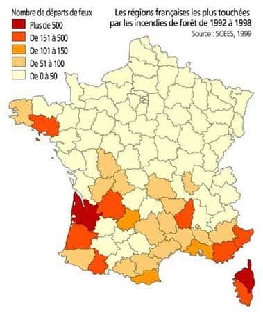 Carte des régions françaises les plus touchées par les incendies de forêt de 1992 à 1998.