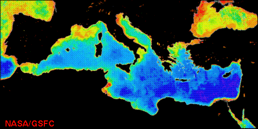 <br />Figure 3.12 : intensité de la lumière rétrodiffusée en Méditerranée.  Noter la faible activité biologique en comparaison avec la côte atlantique (source : Goddard Space Flight Center)