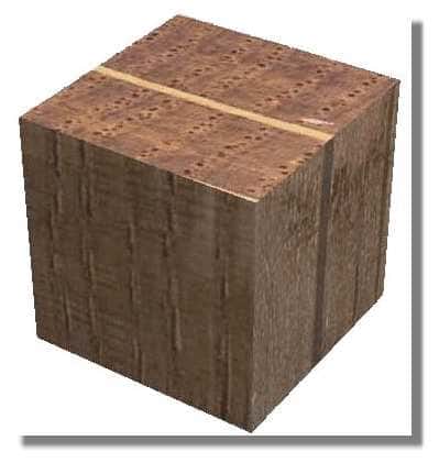 <br />Figure 18. Reconstitution tridimensionnelle d'un cube de bois de chêne de 1 cm de côté réalisé à partir des macrophotographies des 3 types de sections d'un même échantillon (transversale en haut, radiale à gauche et tangentielle à droite). &copy; Photo R. Prat 