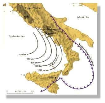 <br />Plongement de la plaque africaine sous la plaque eurasienne. Les courbes donnent la profondeur des séismes en km. Schema Sigurdsson et al, 1985 