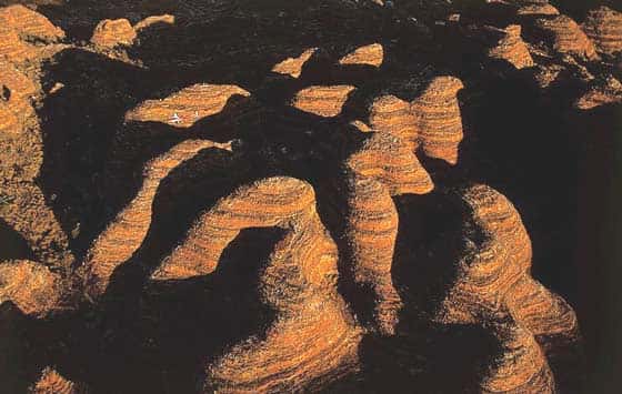 Parc national de Bungle Bungle, comté de Halls Creek, Kimberley, Australie (17°27’ S - 128°35’ E). Dans le nord-ouest australien, au cœur du parc national de Bungle Bungle, aussi appelé Purnilulu par les aborigènes, s’élève un ensemble de colonnes et de dômes sablonneux d’environ 100 m de haut, qui forment un labyrinthe de gorges sur près de 770 km². © Photo Yann Arthus-Bertrand - Tous droits réservés