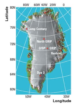 Sites des forages couvrant au moins les derniers 20.000 ans au Groenland. © DR