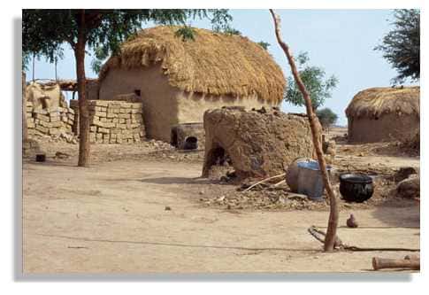 Un campement de pêche permanent sur une haute berge du Niger : murs de terre séchée et toit de paille pour l'habitation. Au premier plan, le four de fumage du poisson. Comme il est d'usage, la cour est ouverte et sans clôtures. Delta Central du Niger. Mali. © IRD/Yveline Poncet.