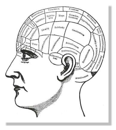 Carte phrénologique. En Accord avec les travaux de Gall et de ses disciples, les traits du comportement peuvent être mis en rapport avec la forme de différentes parties du crâne. © Clarke et O'Malley, 1968, Fig. 118