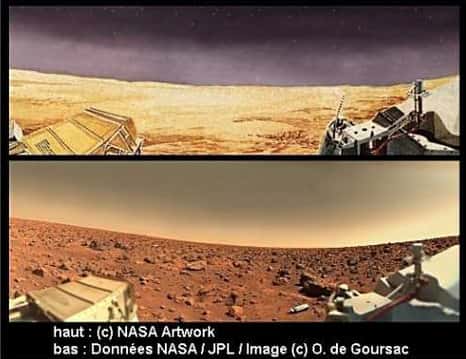 Mars telle qu'on l'imaginait avant l'atterrissage de la sonde Viking sur Mars (en haut), et telle qu'on l'a découverte (en bas). Noter la couleur du ciel, non pas bleu-violet, mais plutôt rose-saumon, et celle de la surface colorée par les poussières : elle est brun-jaune Haut : image Nasa Artworks. © Données Nasa/JPL / Image © O. de Goursac