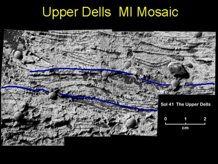  <br />Fig. 7 A (en haut) Stratification entre-croisées obliques photographiées dans Eagle Crater.<br />Fig.7 B (en bas) Stratifications entre-croisées dans des calcaires précambriens de Californie. (C) M. Miller, Univ. Oregon.