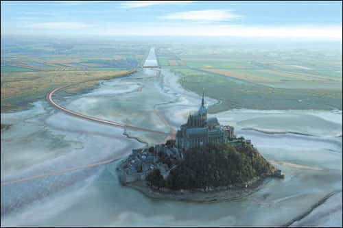 Photomontage réalisé avant la fin des travaux et illustrant le Mont Saint-Michel tel qu'il est à présent. © Imagence 3d, Tous droits de reproduction interdits