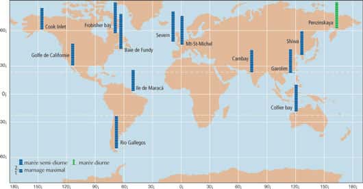 Figure 1 : la demi-douzaine de sites de marnage maximal dans le monde. © DR