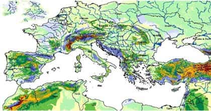 Carte de karst Europe de moyennes latitudes. En bleu, les régions fortement karstiques, en vert, les régions à phénomènes karstiques locaux.