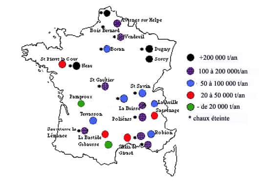 Carte de France de production de calcaire avec les tonnages annuels.