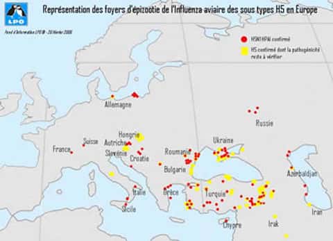 <br />Représentation des foyers d'épizootie de l'Influenza aviaire des sous types H5 en Europe. &copy; LPO - tous droits de reproduction interdit