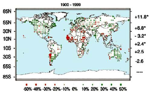 A l'échelle du siècle, les précipitations ont nettement diminué en Afrique de l'ouest (en rouge), alors qu'elles ont augmenté dans d'autres régions du globe comme la France, l'Amérique du Nord, l'Inde et l'Australie. <br />© IPCC 