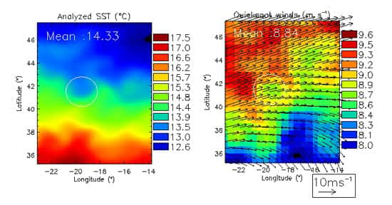 <br />Exemple d'effet d'une anomalie locale de température de surface sur l'atmosphère. A gauche, température de surface moyenne sur quatre mois, mesurés par bateau et bouées (expérience POMME, janvier – avril 2001). A droite, vent moyen sur la même période obtenu par satellite. Le cercle blanc montre une anomalie de vitesse de vent au centre de la zone (vent assez faible, en vert, entouré d'un anneau de vent plus fort, en orange / rouge). Cette anomalie est associée à un tourbillon océanique caractérisé par un contraste en température de surface d'environ 1°C par rapport à l'environnement.<br />Référence Bourras et al, J. Geophysical Research, 2004 