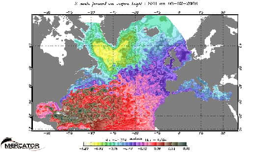Cliquez pour agrandir.<br />Fig. : 12 - Prévision   par Mercator-Océan de la hauteur de l'océan dans l'Atlantique Nord faite le 25 Janvier pour le 8 février 2006. Il y a une différence de 1.7 mètre entre le point haut(du mauve au noir) de la Mer des Sargasses, autour duquel tourne le Gulf Stream,  et le point bas(en jaune) auquel est associé le courant du Labrador.