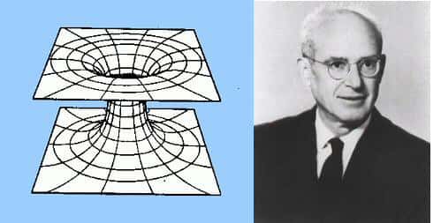 À gauche, une représentation en 2D d'un pont d'Einstein-Rosen connectant deux univers parallèles. À droite, une photographie de Nathan Rosen. © DR