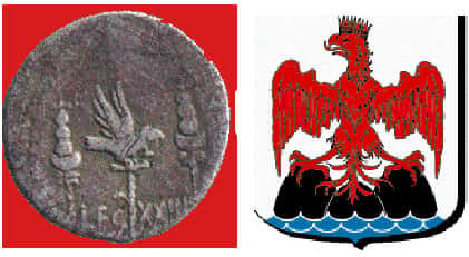 À gauche, aigle royal sur une pièce et, à droite, blason de la ville de Nice. © Reproduction et utilisation interdites