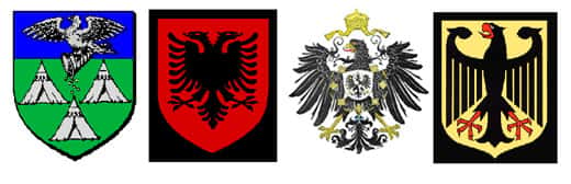 De gauche à droite : armoiries de Fécamp, armes de l'Albanie, armes de l'Empire, aigle allemand. © Reproduction et utilisation interdites