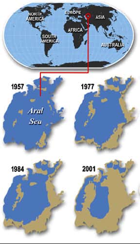 Évolution de la mer d'Aral. © DR