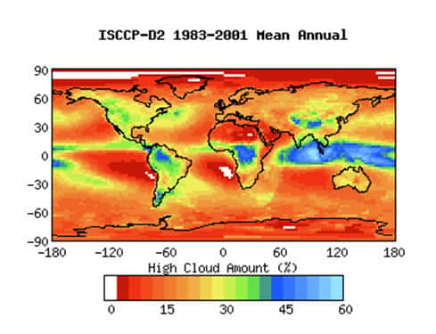 <br />Figure 8: couverture de nuages hauts  d'après ISSCCP (voir note 7). On notera les concentrations très élevées dans les zones de convection tropicale à l'ouest du Pacifique et, au contraire, la faible concentration sur le Pacifique Est 