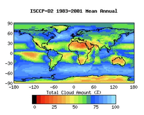 <br />Figure 9: couverture nuageuse totale d'après ISCCP (voir note 7). On notera la grande fréquence des nuages au dessus des océans des latitudes moyennes. 