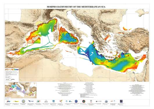 <br />Couverture multifaisceau en Méditerranée<br />La compilation des données fournit la cartographie à l'échelle régionale de la Méditerranée<br />&copy; Ifremer <br />Reproduction et utilisation interdites