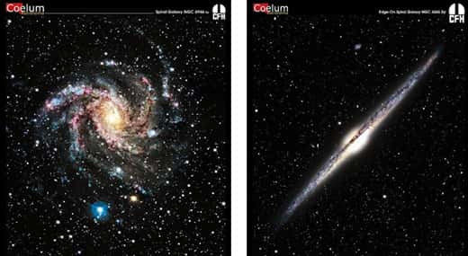 Deux galaxies spirales observées dans le domaine visible, l'une de face (à gauche), l'autre par la tranche (à droite). On observe un bulbe central avec une forte densité d'étoiles entouré d'un disque mince formé de bras spiraux. © Images CFHT