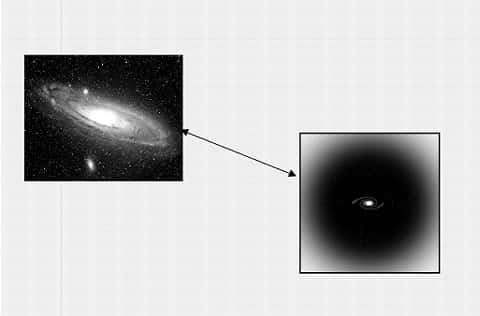 L'étude de la rotation des galaxies spirales montre que la partie visible de ces objets n'est que la pointe de « l'iceberg » que serait le halo de matière noire. © DR