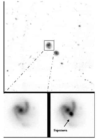 Images obtenues au télescope CFH dans le cadre du sondage de supernovae SNLS. On y voit une galaxie observée à deux époques différentes. L'image inférieure droite montre la supernova ayant explosé entre-temps dans la galaxie. La grande luminosité intrinsèque de ces astres (environ 100 milliards de fois le Soleil) associée à sa quasi-constance en font des « chandelles standard » permettant de sonder l'univers lointain. La distance de la galaxie hôte de la supernova est mesurée à l'aide des instruments du VLT à l'ESO. © DR