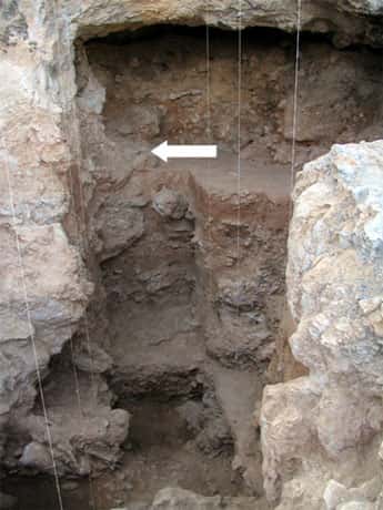 <br />Photo 21  : Casse-tête classique d'archéologie préhistorique. La petite structure tabulaire au bout de la flèche est un plancher stalagmitique. C'est un dépôt carbonaté se prêtant bien à différentes méthodes de datation. Si celui que nous voyons est en position primaire, il s'est déposé sur toute la colonne de sédiments que nous voyons sous lui, soit l'essentiel de notre remplissage. Si l'on obtient un âge pour ce plancher stalagmitique, nous saurons donc que tout ce qui est en dessous de lui est plus vieux que l'âge obtenu. Malheureusement, et malgré les apparences, il semble que ce plancher ne soit pas en position primaire.<br />&copy; François Marchal<br />Reproduction et utilisation interdites